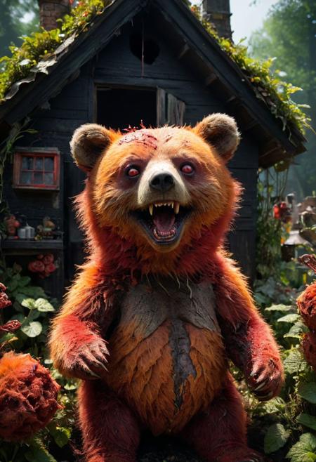 amazing quality, masterpiece, best quality, hyper detailed, ultra detailed, UHD, perfect anatomy, dof, portrait,  awesome, inspiring,  Expressiveh, realistic, high quality, 4K, absurd resolution, incredibly detailed, masterpiece, sharp, cute orange fox house garden, (creepy bear, skin bloody skin, dark fur, red eyes, evil smile:1.8), cute, happy, extremely detailed, no humans, extremely detailed scales, sunlight, realistic, high quality, detailed, shadows, glowing, bright colors, high contrast, vivd lighting, cinematic composition, soft shadows, national geographic style,