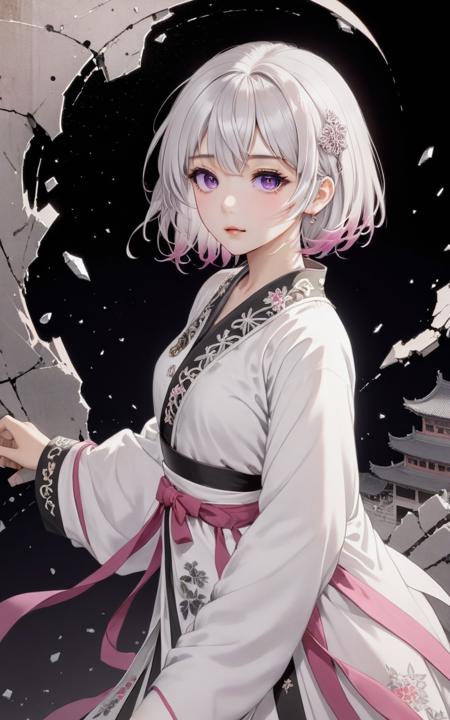 ((masterpiece)),((best quality)),(ultra-detailed),(illustration),((an extremely delicate and beautiful)),(dynamic angle),(line art:1.2),1girl,solo, beautiful detailed girl,bob cut,Purple eyes,streaked hair,White hair,serafuku,Dark pink background,Black and white people,(broken glass:1.2),(The residual eaves DuanBi:1.3),(The ruined city:1.4),A figure was reflected in the broken glass