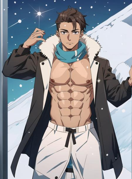 1boy, (1man), (male:1.2), mature, square-shaped face with a prominent forehead, finely detailed eyes and face,  body, athletic physique with visible abs, tanned skin__, BuildAMan/1man-poses__, winter coat, silver eyes, dark brown hair, high and tight, grandiose, flip flops,