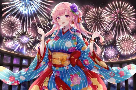 high quality, best quality, by kinokohime, 1girl, fireworks, solo, animal print, japanese clothes, kimono, open mouth, aerial fireworks, smile, sash, fish print, looking at viewer, pink hair, railing, breasts, night, obi, red eyes, bangs, outdoors, large breasts, hair ornament, jewelry, blush, blue kimono, bracelet, yukata, flower, parted bangs, long hair, striped, :d, virtual youtuber, vertical stripes, sky, hand up, hair flower, wide sleeves, long sleeves, purple flower, night sky,  <lora:kinokohime:1>