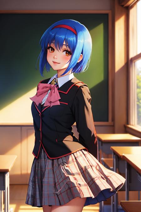 (masterpiece, best quality:1.2), solo, 1girl, nishizono mio, smile, looking at viewer, arms behind back, hairband, school uniform, pink bow, plaid skirt, indoors, classroom <lora:littlebusters_nishizono:1>