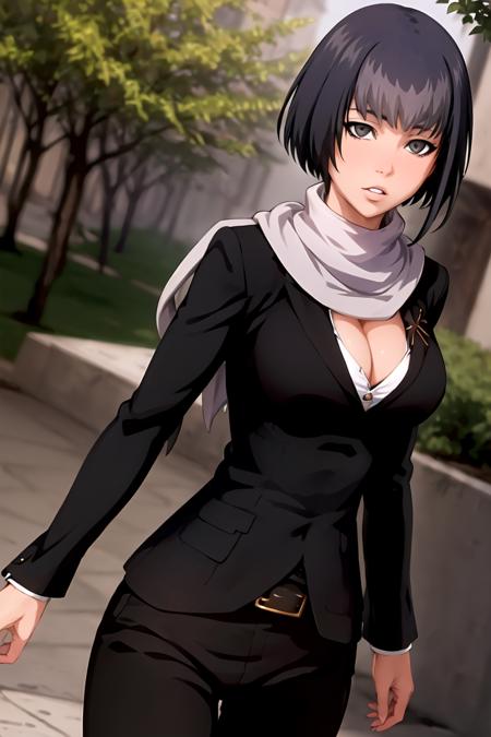 best quality, masterpiece, detailed, 1girl, solo, (outdoors:1.2), (park:1.2), looking at viewer, suit, formal, belt, scarf, pants, medium breasts | big breasts, short hair, black hair, grey eyes, parted lips, expressionless, <lora:aura-000004:0.9>, cleavage