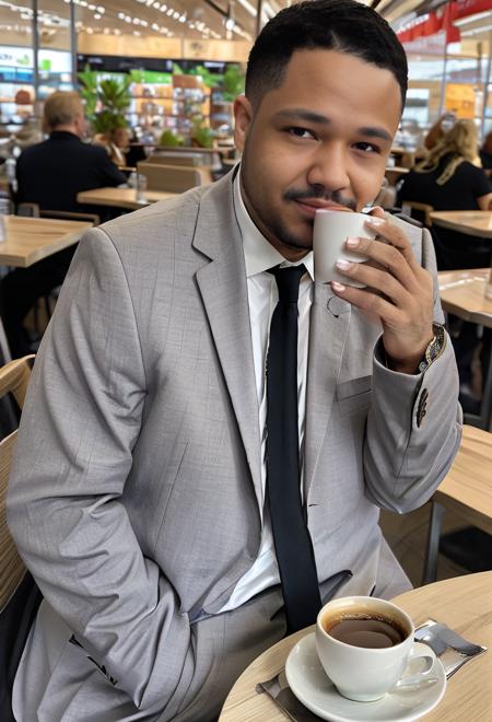 <lora:Nmplol-000010:0.9> Nmplol, looking thin, sitting at a cafe, wearing armani suit, sipping espresso, in the city, bokeh