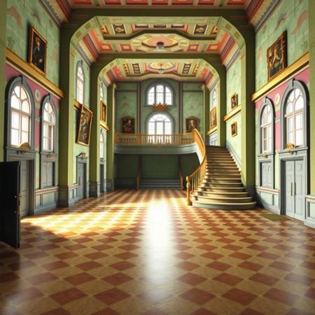 A liminal space inside Peach’s Castle from Super Mario 64. The large, open entry hall with its checkered floors is silent and still, the bright, colorful walls now faded and worn. The grand staircase, flanked by golden banisters, leads upwards, but the steps feel far too distant, as if the upper floors are unreachable. The tall, arched windows cast long shadows, and the once vibrant paintings on the walls seem to hang lifelessly, their subjects distant and indifferent.
The air is thick and quiet, and the usual echo of footsteps now feels unnaturally loud in the emptiness. The corridors stretch out, but their paths seem endless, as if the space is larger than it should be, with no sense of direction or purpose. The familiar and welcoming atmosphere of the castle now feels abandoned, as if it’s suspended in time, creating an overwhelming sense of solitude and unease. The stillness is oppressive, and it’s impossible to shake the feeling of being alone in an empty, forgotten place.