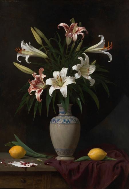 (an oil painting:1.4) dark and moody portrait of still life, a vase with [ lilies : bloody lilies : 4], blood splatters on a table, (by WllBgr, bougeureau:1.4) <lora:bouguereau_XL_resize:0.8>. high quality, 4k