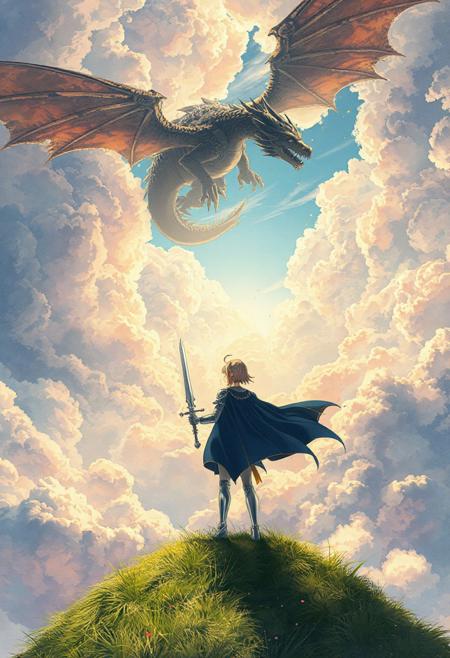 "Vertical 9:16 anime-style sky in ultra-detailed 4K resolution. A vast, painterly sky stretches endlessly, filled with massive, textured clouds in complex folds, soft ridges, and jagged contours. Gaps reveal glowing baby-blue sky and warm sunlight streaming through. Below, Saber from Fate/stay night stands firm atop a grassy cliff, her silver armor gleaming, Excalibur drawn and glowing faintly in her hand. Her flowing blue cape catches the wind as she locks eyes with a colossal dragon hovering in the clouds above. The dragon’s scales shimmer with obsidian and gold tones, its wings vast and torn by age. The scene is richly cinematic: dreamy pastel tones shift into high-contrast lighting, with deep cel shading, soft bloom, ambient haze, and hyper-detailed watercolor texture. A moment of mythical confrontation frozen in time — heroic, emotional, and alive with magical tension.