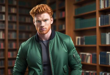 Illustrate a muscular ginger man with ((green eyes)), ((red wavy hair)), and a toned physique wearing a ((bomber jacket)), displaying a ((smug expression)), placed in a ((library background)) filled with bookshelves and ((sidelighting)).