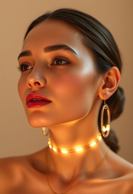 subtle subdermal LED jewelry, natural glow, soft lighting, (warm LED accents:1.3) around the neck and earrings, elegant facial lighting, (embedded LED glow:1.5), minimalist beauty tech, (natural skin tone:1.4), soft makeup look, flawless complexion, warm, glowing skin, high-definition, jewelry infused with soft light, (understated elegance:1.4), (glowing LED accents:1.2) highlighting facial features, ultra-realistic textures, seamless integration of technology, smooth skin, natural glow highlighting cheekbones and jawline, soft, warm lighting around the face, gentle under-skin LED accents, (radiant but natural:1.5), tech-infused beauty, subtle glowing effects from jewelry, delicate light reflections, refined elegance, modern beauty with advanced tech, high-resolution, radiant skin