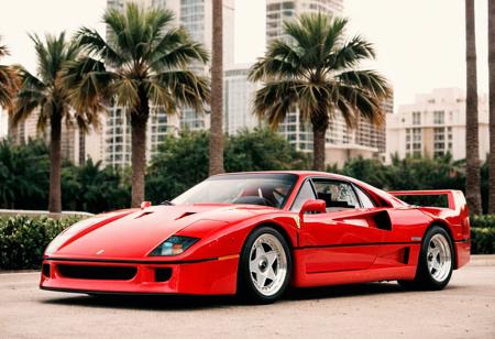 analog film photo (Sportscar gleaming red Ferrari F40, front view, palm trees, cityscape), (stylish, film grain:1.5) . faded film, desaturated, 35mm photo, grainy, vignette, vintage, Kodachrome, Lomography, stained, highly detailed, found footage
