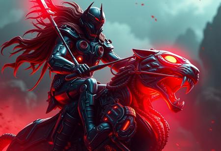 Generate a movie still of Cyborg He-Man riding Zombie Battle Cat, with a blood aura surrounded by a red light, showcasing intricate details. The image should resemble the style of Mac Conner, with a mix of art styles similar to Artgerm and a touch of realism akin to Leonardo DiCaprio's film appearances. The artwork should be of high quality, 8K resolution, and lifelike, with a focus on spicy and intimidating visuals. The overall aesthetic should convey carnage and the sense of an apex predator. Consider the official details found on Amiami and trending art styles on Artstation for inspiration.
