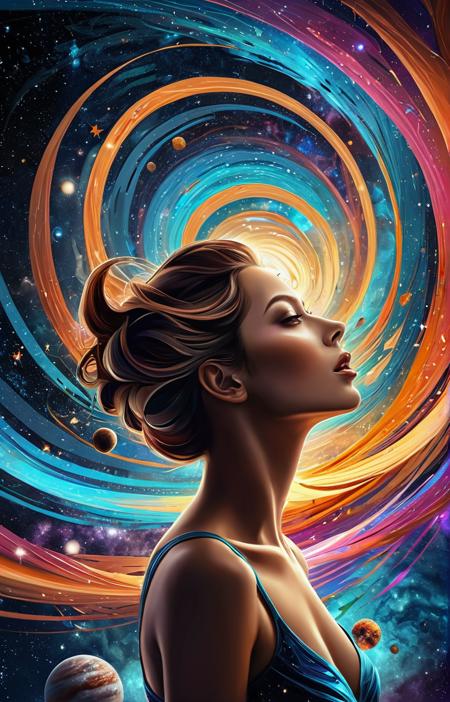 digital art in the style of epic Surreal,abstract,bizarre,shows a scene in outer space in which stars planet and galaxies unite in a powerful vortex of light and colour,masterpiece,high resolution,HD,8k,best quality,intricate details,portrait of woman