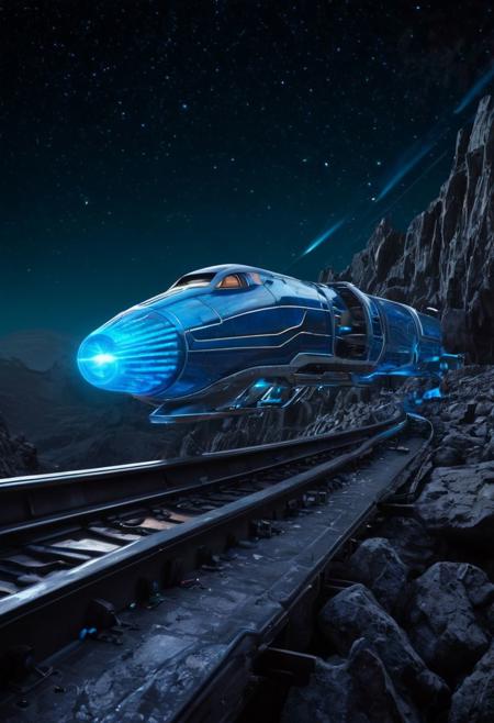 A SCI-FI levitating train flies off into the distance between the rocks on the asteroid cosmos. There is a lot of light and optical luminous cables of different colors on the case. Glowing stripes and lines. The train is powered by an ion jet engine. Technologically, the blue glow from the nozzle. The atom style is punk. The hull has a fantastic shape. lots of glass and titanium. There are ion platforms instead of wheels. Cinematic. stars.soft focus, hyperdetailed photography, soft light, cover