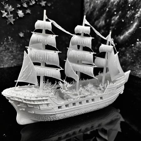 whitemold,3d printed mold,art style,greyscale,monochrome, masterpiece,(best quality), official art,extremely detailed cg 8k wallpaper, ((crystalstexture skin)),(extremely delicate and beautiful),highly detailed, WhiteMold, art style, 3d printed mold, score_9, score_8_up, score_7_up, score_6_up, score_5_up, score_4_up score_9,score_8_up, a realistic old ship made of 3d printed mold, against the dark starry sky made of 3d printed mold