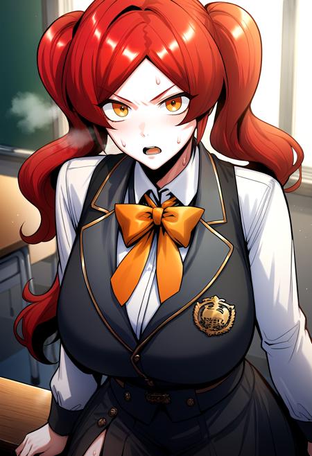 twintails, red hair, long hair, orange eyes, parted bangs, yellow eyes black bow, bowtie, black vest, white shirt, collared shirt, long sleeves, black skirt