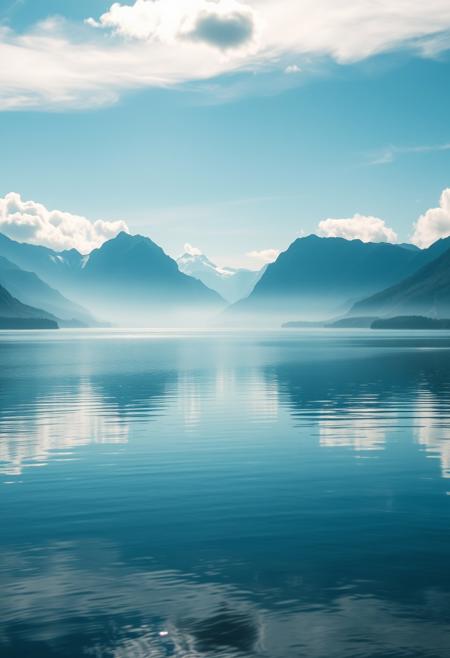 A serene landscape of a sparkling lake, gentle clouds drifting in a bright blue sky, majestic mountain peaks emerging from the mist, vibrant colors, reflective water surface, tranquil atmosphere, high detail. highly detailed and hyper realistic photo, by Alena Aenami , by Archibald Thorburn , by Daniele Afferni , in the style of  monochromatic silhouette reflection,  limited dark palette, unusual dark colors, faded colors, atmospheric haze, highly dramatic cinematic lighting, motion blur, film grain,  professional, excellent composition, finest details, maximized details, ultimate detail level, masterpiece, best quality