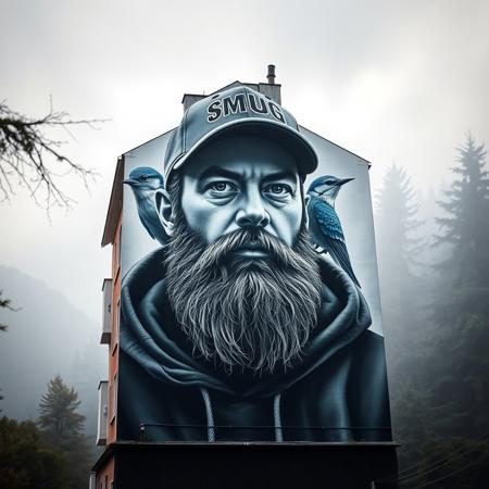 mural on the end of a building, hyper-realistic, portrait of a man, textured beard, casual hoodie, SMUG cap, blue and white bird, misty forest background, soft monochromatic tones, pensive expression, serene atmosphere, detailed textures, modern street art, emotional depth, ethereal setting
graffiti, mural, hyper-realistic, vibrant colors, bold letterforms, 3D design, urban art, intricate details, vivid gradients, sharp highlights, contrasting shadows, abstract influences, electric palette, sculptural effect