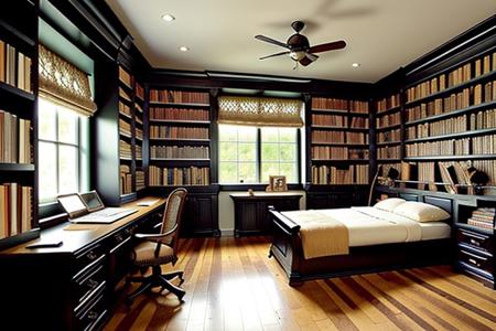 a fantasy bedroom that is also the owner's personal library with books everywhere