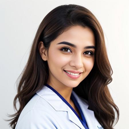 (medium shot), 1girl, (cheek_heart:1.4), smiling, beautiful pakistani female doctor in (labcoat over scrubs),  beautiful detailed face, brown hair, pale skin, realistic skin, detailed cloth texture, detailed hair texture, Perfect proportion, Beautiful Face, accurate, Anatomically correct, Highly detailed face and skin texture , looking at viewer , modern hospital ward, photorealistic , masterpiece, best quality , isolated white background