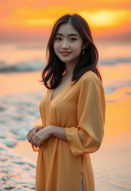 a beautiful Chinese girl with delicate features, charming eyes, and a high nose, standing on a beach at sunset, waves gently lapping at her feet, the sky painted in hues of orange and pink