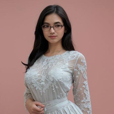 photo, rule of thirds, dramatic lighting, medium hair, detailed face, no makeup face,cute face, dimples on face,  very fair-skinned,   detailed nose, woman wearing beautiful flowing dress, adorned with intricate floral patterns. She wears elegant, stylish glasses that frame her face perfectly,   big breast, big cleavage, slim waist, curvy hips, big thighs, black hair, curvy body, athletic body, indian origin girl, light grey colour eyes, intricate background, full body pose, very fair complexion,  ultra-realistic, grenish background, full-body pose, detailed human-like body, realistic face, no makeup, shot by iPhone camera
,realism,realistic,raw,analog,woman,portrait,photorealistic,analog,realism
