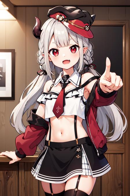 masterpiece, best quality, highres, hmnac, horn, hat, midriff, white shirt, crop top, off shoulder, black necktie, long sleeves, sleeveless, black skirt, black thighhighs, thigh strap, red jacket, suspenders, <lora:naraka_v10:0.7>, cowboy shot, fang, pointing at viewer, indoors