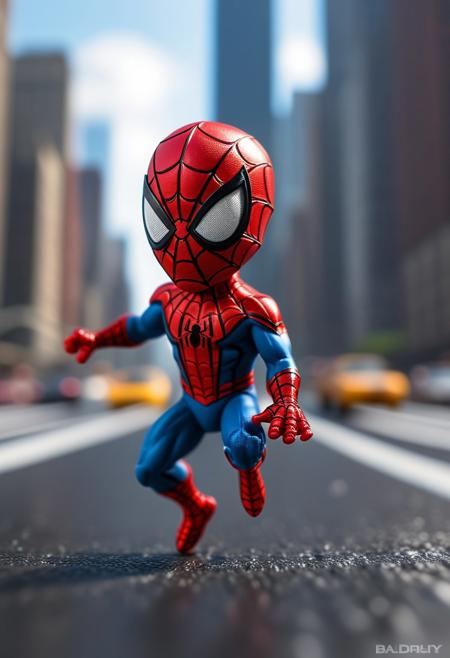 ((miniatures) of (Spider-Man, (((big head:8})) ), speeding, miniature, depth of field, macro hotography, high detailed face, 4k, epic perspective, (big cleveage1.5), New york background