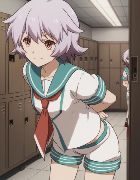 tama, short hair, red eyes, purple hair, tama (kancolle) school uniform, shorts, serafuku, sailor collar, neckerchief,