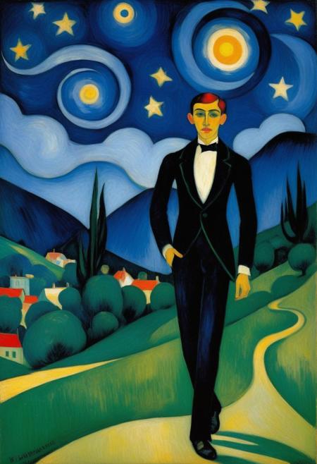 style by James Ensor and Franz Marc and Ernst Ludwig Kirchner and August Macke, half-dressed young man, he walks in beauty like the night, wrapped in shadow, cloudless climes and starry skies;
dark night and bright stars;,