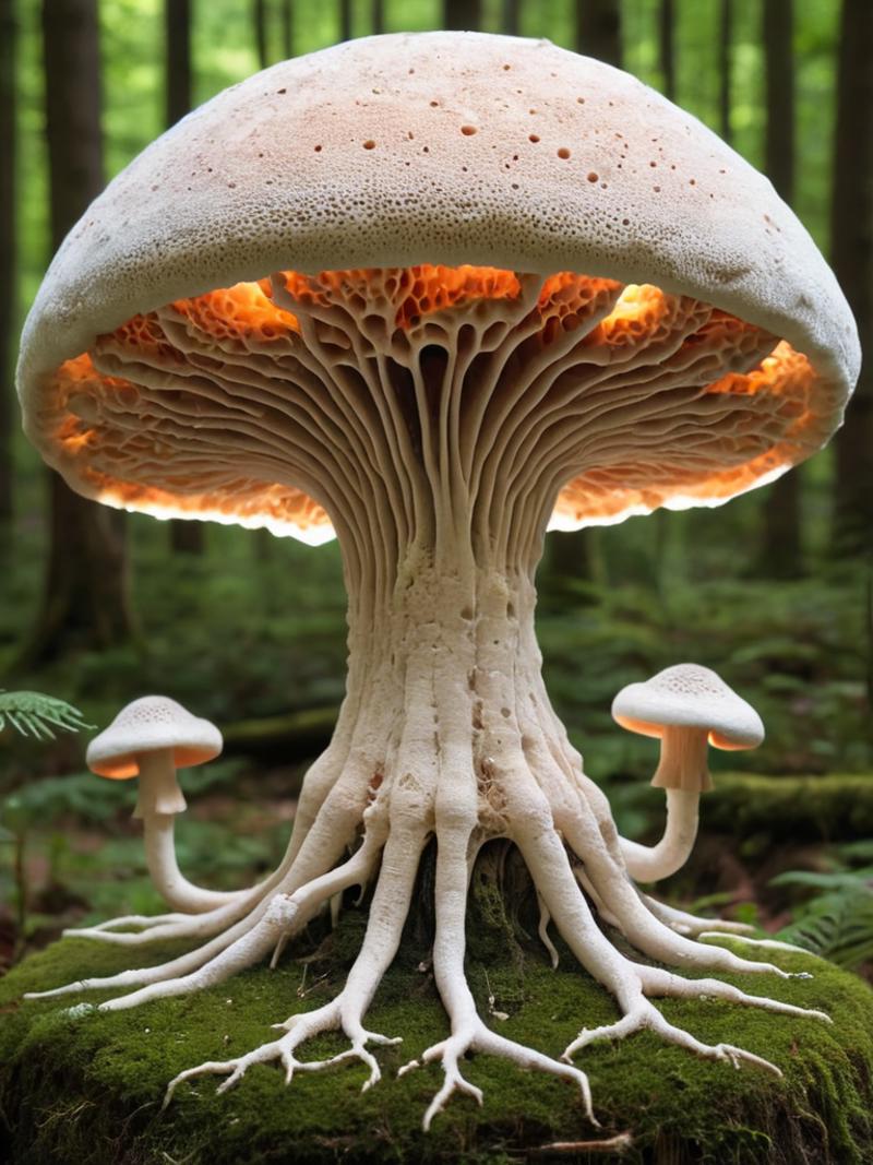 A beautifully lit up mushroom in a forest, surrounded by two other mushrooms.