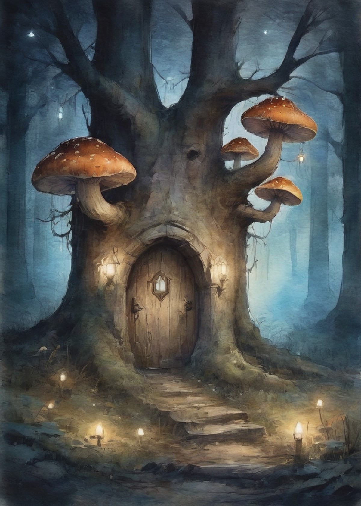 A mystical forest at night, glowing mushrooms and fairy lights leading to an ancient tree with a carved door