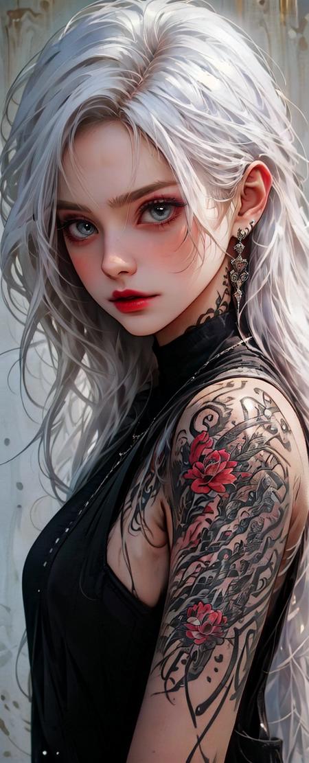 1girl,
gothic,high quality,masterpiece,white hair,earrings,makeup,gothic,<lora:gothic_01:0.8>,
tattoo,
red hair,long hair,bunches,