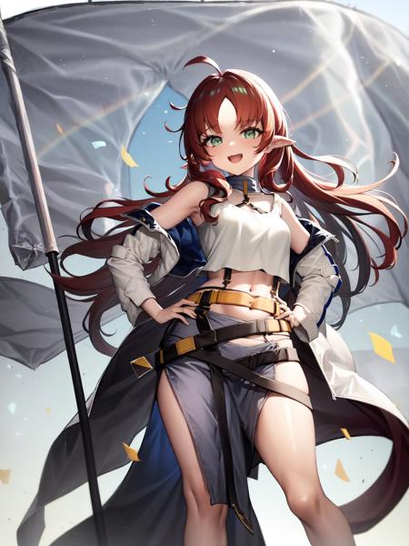 masterpiece, best quality, Myrtle, holding flag, dynamic angle, a fluttering flag, multicolored background, dynamic color, colorful, effect, clear sky, confident pose, standing, one hand on hips, <lora:mtl-000007:1>,