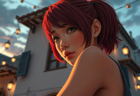 professional cgi anime style, up-scaled, close-up, low, angle, tanned skin asian woman, midlife, sporty, short red hair, natural skin, no make-up, dreaming looking in the camera, leaning on a wall, of a house, in a mediteranian town, late after sunset, fine clouds, dimm lanterns, warm color grading, detailed line art, hyper detailed, surreal,