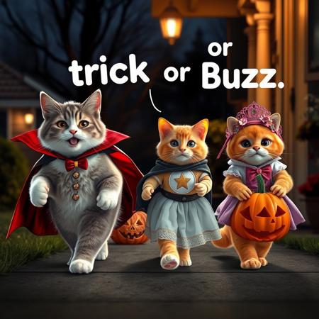 Ultra realistic. white grey brown happy cat with a vampire costume, a small hamster with hero costume,  a orange cat on a princess costume carring a carved pumpkin with candies,  walking on a suburban street, trick or treating houses, midnight light, on a porch house, yelling "trick or Buzz" text in white letters