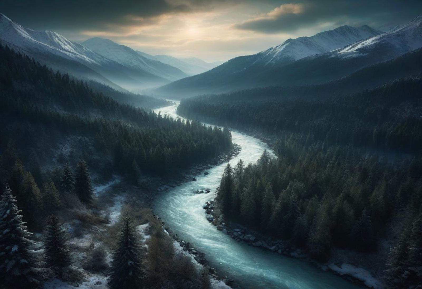 (fantasy nightscape with aurora:1), (snowy mountains overlook misty evergreen valley with river:1), aerial view, overhead ...