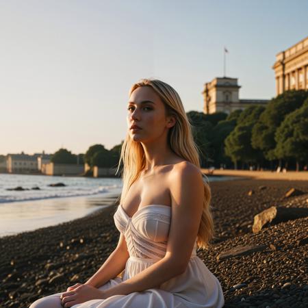 close up analogue photo of a beautiful 25 years old blond woman, clear focus, high resolution image, RAW full body analogue photo of a beautiful 25 years old woman, clear focus, high resolution image,  ,Photo real image, A photo-realistic shoot from a front camera angle about a serene woman sitting on a rocky beach during sunset. the image also shows a calm ocean and cliffs in the background. on the middle of the image, a 20-year-old woman who appears to be in her mid-twenties, with long blonde hair and fair skin, is sitting with her legs crossed and her hands resting on the rocks. she is wearing a sheer white dress that clings to her body, showing off her bare shoulders and medium breasts. her eyes are closed, and she has a calm expression on her face. her hair is styled in a long hair, and her body is slim. her nipples are visible through the sheer fabric of the dress. the background features a calm sea with waves crashing against the cliffs, and the lighting is soft and natural, casting gentle shadows on her body,,high quality, film grain, Fujifilm XT3, 8k uhd, dslr, film grain, kodak tri-x 400 film, grain photo DOF, faint lighting, dynamic angle, cinematic, Depth of field, bokeh, best quality, cinematic, light particles, highly_detailed, very_aesthetic, golden hour, beautiful_and_aesthetic ,Sexy pose, erotic pose, exhibitionism, ,The Buckingham Palace in London with its royal guards and grand architecture