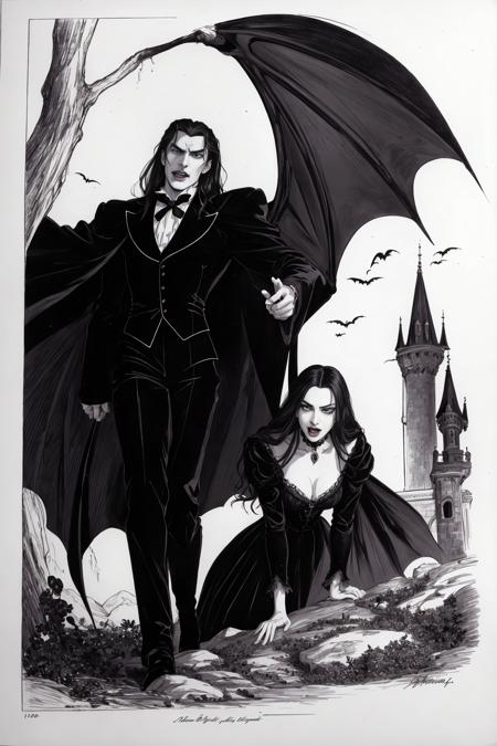 In a scene inspired by Bram Stoker's "Dracula," the setting is a dimly lit, opulent castle perched high in the Transylvanian mountains. The air is thick with a sense of eerie foreboding as shadows dance across the grand, ancient halls.
Count Dracula, portrayed with a sense of aristocratic charm and malevolence, emerges from the darkness. His eyes, crimson with vampiric hunger, gleam as he gazes upon his unsuspecting victim. His attire, a blend of 19th-century elegance and Gothic opulence, adds to his aura of timeless evil.
The camera captures the Count's gradual approach as he moves closer to his prey, his cape billowing like the wings of a bat. The victim, a young and vulnerable character, is bathed in moonlight, adding an ethereal quality to the scene.
As Dracula draws nearer, his movements are both seductive and menacing, his whispers a hypnotic lure. The tension mounts, and the scene is suffused with an undercurrent of sensuality and danger. The camera pans to capture the victim's reactions, their fear and attraction intertwining in a complex web.
With a sudden burst of supernatural speed and a flash of fangs, Dracula's bite seals the victim's fate. The camera lingers on their transformation, capturing the victim's surrender to the dark and irresistible allure of the vampire.
This recreation of a "Dracula" scene evokes the timeless themes of seduction, horror, and immortality, paying homage to the enduring legacy of the vampire legend. Render all the picture in an hand drawing manga style as a japanese animation