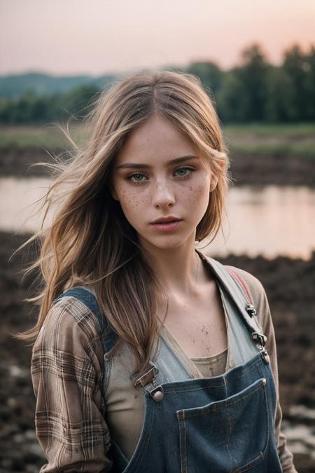 LoretoP_SoloTI_v1,
(dirty face,freckle:1.3),
(In muddy overalls and a worn flannel shirt, with a bandana around her neck, for a gritty and determined look:1.3),
(A rugged riverside, with panning equipment and piles of dirt, an atmosphere of hard work and hopeful searching:1.4),
(seductive:1.3),(analog, cinematic, film grain, hazy atmosphere, cinematic shot:1.3), 
 <lora:add_detail:0.6>, PA7_Portrait-MCU,