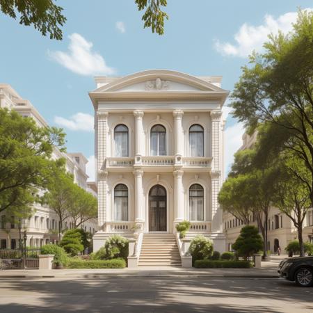 <lora:JJsClassic_Style_House:0.7> ,((Classic Style House)), building,masterpiece , best quality, RAW photo, subject, 8k uhd, dslr, soft lighting, high quality, film grain, Fujifilm XT3, outdoors, sky, day, cloud, tree, blue sky, ground vehicle, building, scenery, road, lamppost, real world location,, door,entrance, beam,column, window, traffic light, lots of trees, sunlight, public blocks,daytime, mountains, public squares,  lively city streets, enough detail, high resolution, 8k, HD, super realistic, Photorealistic, highly detailed, door, steps,