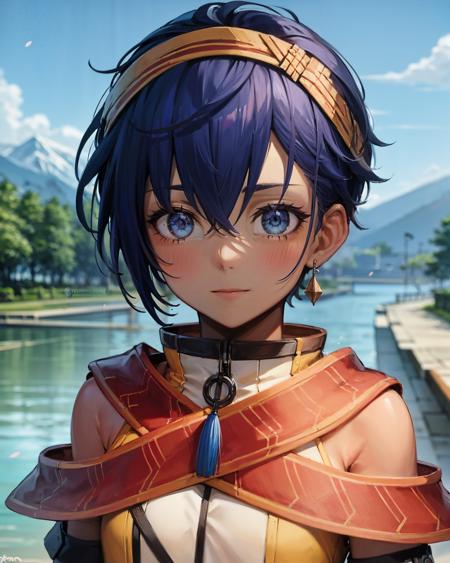 (best quality, masterpiece:1.2), illustration, absurdres,
(1girl, solo, beautiful detailed girl), (upper body, portrait),
<lora:FeriV2-000013:1>, Feri Al-Fayed, blue eyes, blue hair, short hair, dark-skinned female, small breasts, 
headband, single earring, 
pendant, yellow dress, red sash, red scarf, detached sleeves, bracelet, asymmetrical legwear, sandals,
looking at viewer, happy,
distant mountains, cherry trees, cherry blossom, petals, japanese architecture, river,