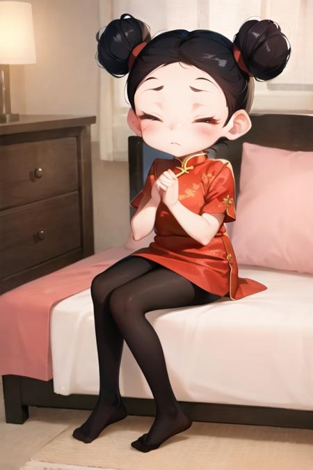 chibi, pucca, double bun, red dress, chinese clothes, black pantyhose,closed eyes, frown, bedroom <lora:pucca-000003:1>