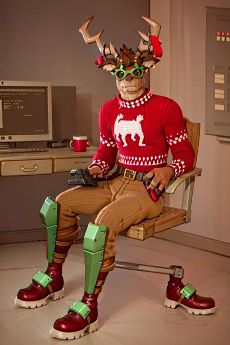 <lora:Fortnite_Dolph:0.5>, Fortnite_Dolph, Fortnite_Dolph, Novelty Glasses, Christmas Sweater, Belt, Christmas Stocking, Christmas Lights, Candycane, Pistol Holster, Christmas Ball Ornament, Khaki Pants, Shin Guards, Boots, volumetric lighting, (((sitting at a computer))), cgi, 3d, octane render, clouds, ambient occlusion