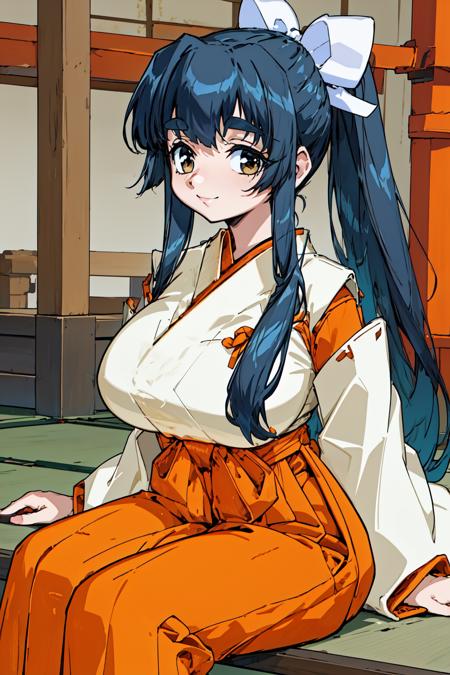 1girl, Japanese shrine, smile, closed mouth, sitting, cowboy shot, 
shino, gray eyes, thick eyebrows, heir ribbon, hair bow, black hair, long hair, ponytail, sidelocks, bangs, large breasts, miko, (white wide sleeves:1.1), (white kimono:1.1), japanese clothes, BLEAK (orange hakama:1.2), hakama skirt, <lora:shino_lora_ver1:0.8>