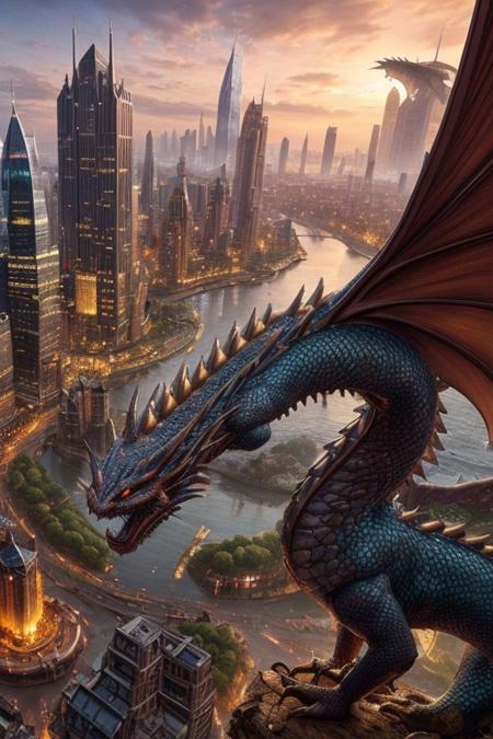 A Fantasy cityscape,  dragon, masterpiece, 8k, detailed realistic