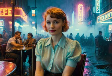 (((wide shot))), book cover of a (Movie Still), vintage return of the cyberpunk army in neon city, raining, cinematic lighting, 4 k, by greg rutkowski, ((wide shot)), (estabilshing shot), city street shot, (full body), ((looking to the right), looking away, ((neon)), (((fog))), volumetric, young ginger woman, (realistic, photo-realistic:1.37), ultra-detailed, 1 girl,cute, solo,beautiful detailed sky,detailed cafe,night,sitting,dating,(nose blush),(smile:1.1),(closed mouth) medium breasts,beautiful detailed eyes,(collared shirt:1.1), bowtie,pleated skirt,(short hair:1.2),floating hair, Aligned eyes,  Iridescent Eyes,  (blush,  eye_wrinkles:0.6),  (goosebumps:0.5),  subsurface scattering,  ((skin pores)),  (detailed skin texture),  (( textured skin)),  realistic dull (skin noise),  visible skin detail,  skin fuzz,  dry skin,  hyperdetailed face,  sharp picture,  sharp detailed,  (((analog grainy photo vintage))),  Rembrandt lighting,  detailed face,  8k resolution, <lora:epiNoiseoffset_v2-pynoise:-1>