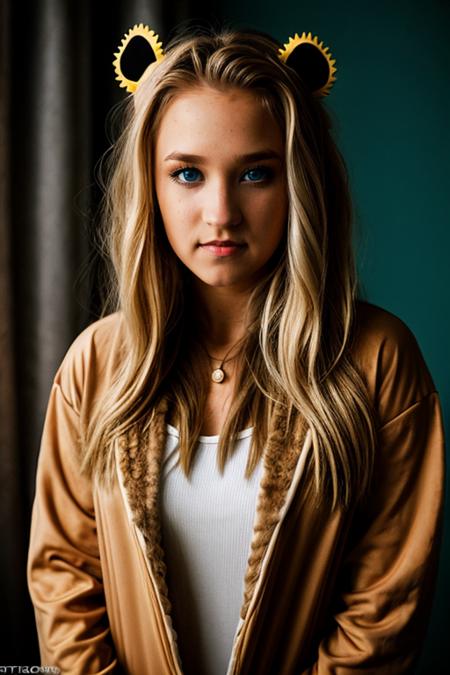 wearing a dinosaur costume <lora:Emily_Osment:1> e1873o, 1girl, solo, long_hair, blue_eyes, blonde_hair