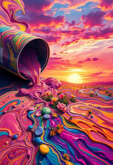 A hyper-stylistic, extremely detailed image depicts a spilled can of paint, its contents spreading out across the floor in a vibrant, chaotic mess. But as the paint flows, it coalesces into a stunning work of art, a masterpiece of color and composition. Within the swirling patterns and shapes, a breathtaking sunset-filled meadow emerges, complete with delicate, colorful flowers that seem to dance in the fading light. The sky above is a kaleidoscope of pinks, oranges, and purples, with a few wispy clouds drifting lazily across the horizon. Every detail of the scene is meticulously rendered, from the intricate, textured patterns of the paint to the delicate, nuanced colors of the flowers. The overall effect is one of joyful, whimsical wonder, as if the viewer has stumbled upon a hidden treasure of artistic genius, created by the happy accident of a spilled can of paint. highest-Quality, intricate details, visually stunning, Masterpiece