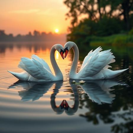 Two elegant white swans forming a heart shape with their necks, gently floating on a calm, reflective lake during golden hour. The water glistens softly with the colors of the sunset — pink, orange, and light gold — enhancing the romantic atmosphere. A few delicate water lilies surround them, and the soft ripples reflect the heart shape perfectly. Lush greenery and blurred distant trees frame the background. Realistic style, high detail, soft natural lighting, serene and romantic mood.