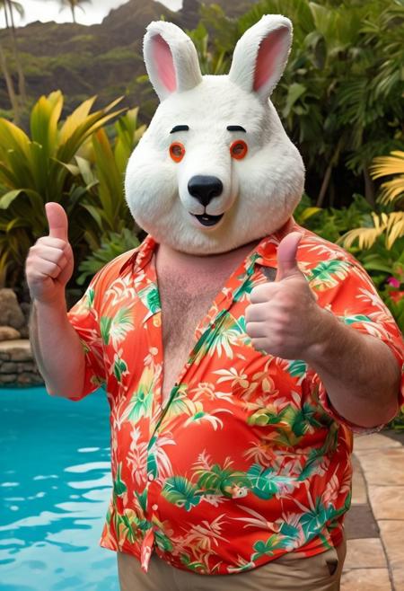 Hyperrealistic art breathtaking Helios, spy, Big Lewinsky film Style photography, Closeup, thumb-up, a fluffy obese white bear in vibrant colorful Hawaiian shirt wearing a hr ginger inspired bunny-mask, glasses, smokey Haze, cool, flamboyant, Pool and 70s Garden in background, thumb up pose,
very detailed, HD, RAW photograph, masterpiece, top quality, the best quality, official art, highest detailed, atmospheric lighting, cinematic composition, high quality, (8k, RAW photo, highest quality),
. Award-winning, professional, highly detailed. Extremely high-resolution details, photographic, realism pushed to extreme, fine texture, incredibly lifelike