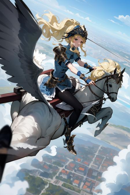 masterpiece, best quality, clair, helmet, blue dress, shoulder armor, gloves, black pantyhose, high heels, flying, riding a pegasus <lora:clair-nvwls-v1-000012:0.9>